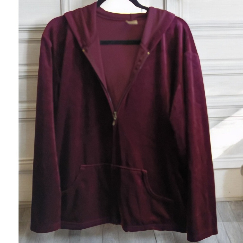 Vtg AVON Intimates‎ Sweatshirt Plus Size 2X Burgundy Velour Zip Hooded Shacket